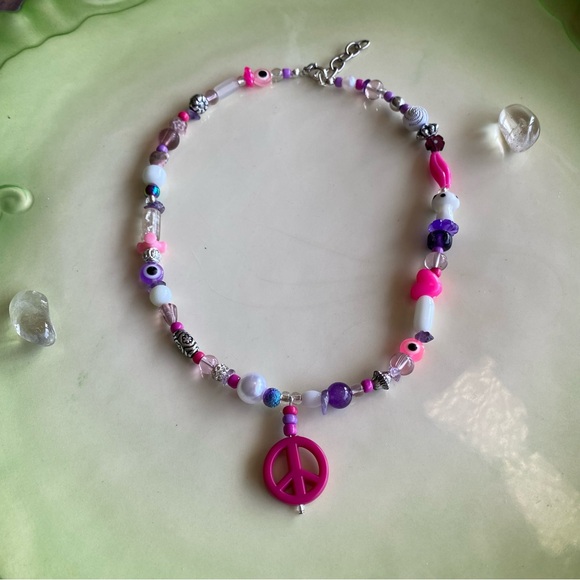 Peace of My Heart Beaded Pendant Necklace Silver Crystal Stone Evil Eye Heart - Picture 3 of 14